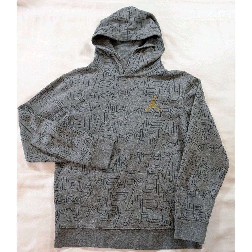 Jordan Boys Large Hoodie Grey All Over Print Gold Jumpman Logo Youth‎ 12-13